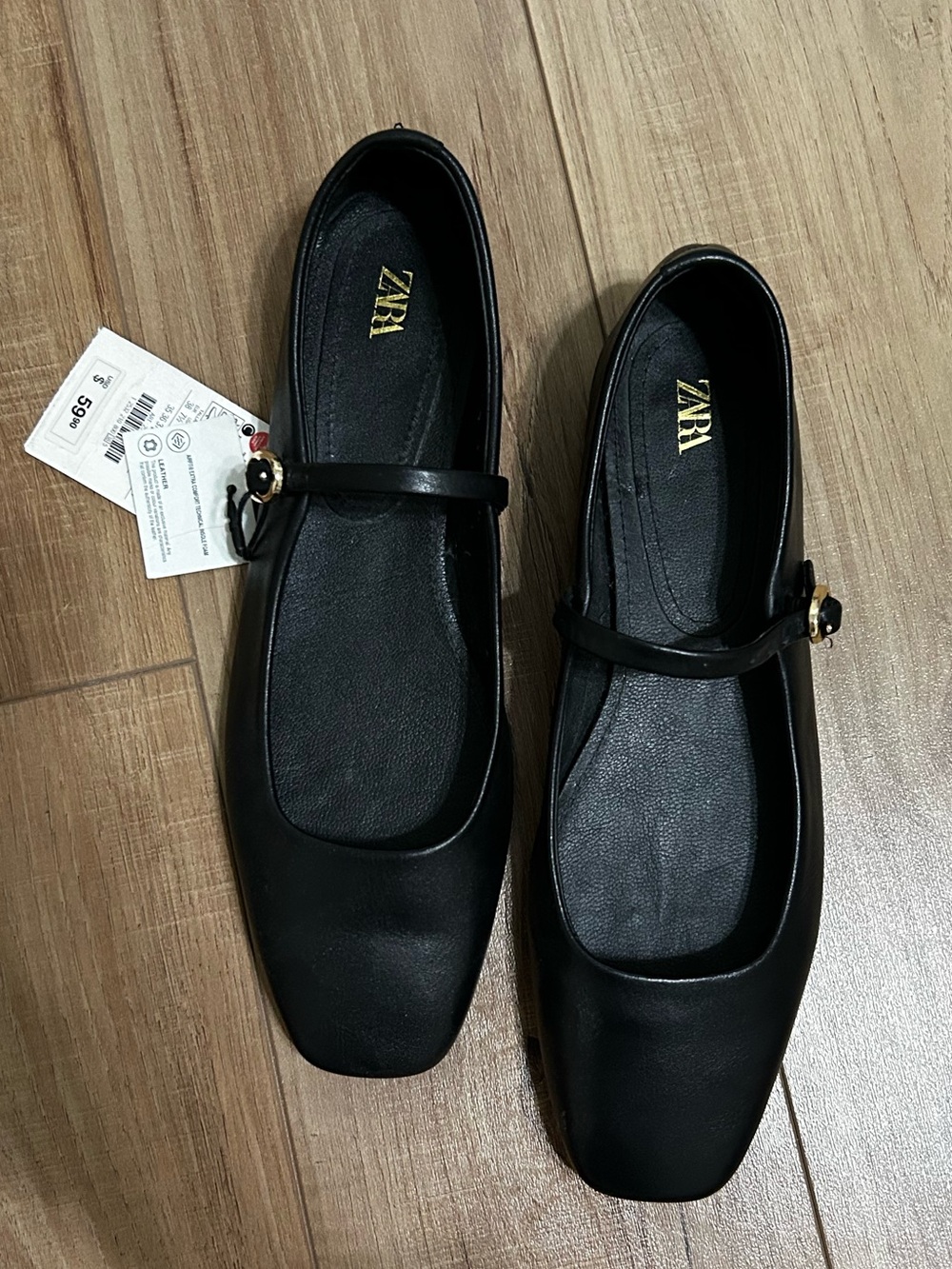 Zara Black Mary Jane Square-Toe Flats with Gold Buckle